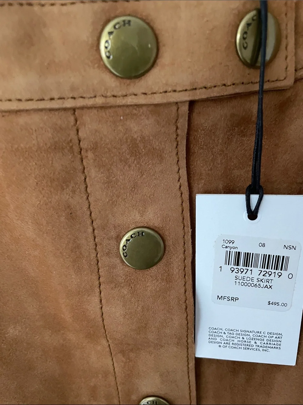 Coach Camel Suede Button-Front Midi Skirt